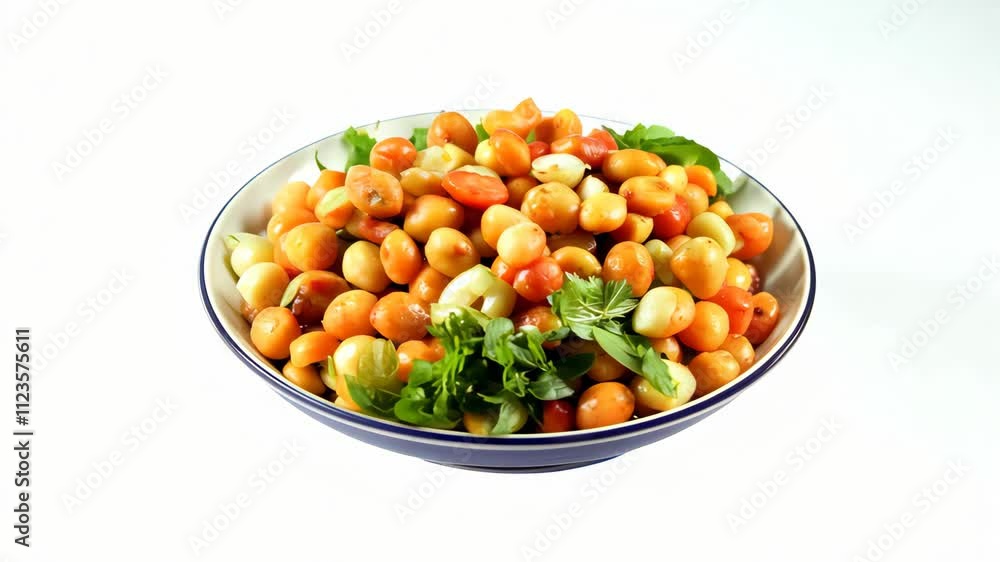 Colorful vegetable and chickpea salad rotation on white background Colorful vegetable and chickpea salad rotation on white background