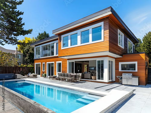 Wallpaper Mural A two-story modern house with wooden walls, white windows, and a black roof Torontodigital.ca