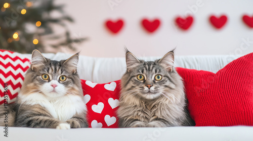 Two fluffy cats on cozy sofa with red heart pillows, creating a cute and romantic atmosphere, perfect for Valentine’s Day decor and animal lovers. photo