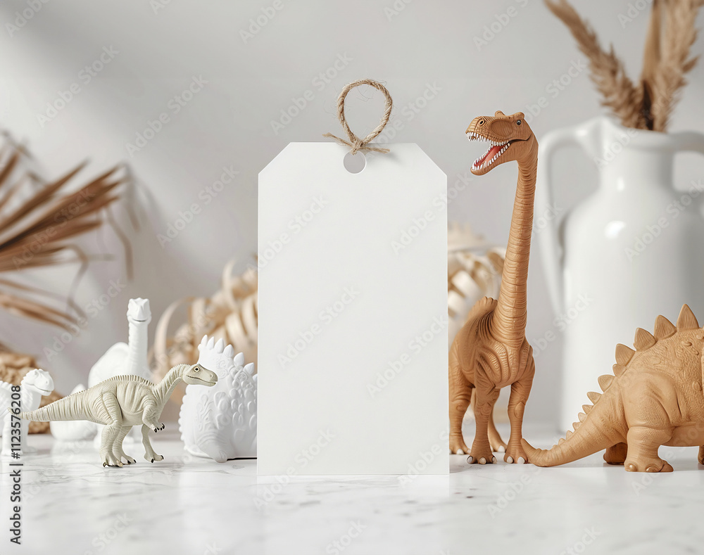 Fototapeta premium Prehistoric Dinosaur Blank Tag Mockup with Toy Dinosaurs and Tropical Leaves – Ideal for Fun Childhood Branding