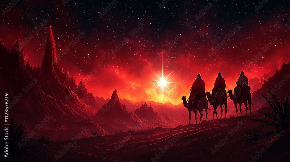 Naklejka premium Three kings walking in the desert, three magics kings walking in the starry night, reyes magos