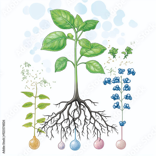 Provide a schematic diagram of the effects of different elements, including K ions, Na ions, Mg ions, and phosphate ion groups, on plant growth and development, including chloroplast synthesis, cell g photo