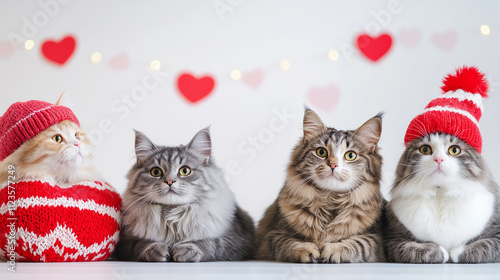 Group of adorable cats wearing festive hats, holding red hearts, celebrating love and Valentine’s Day with charming decorations and a cozy atmosphere. photo