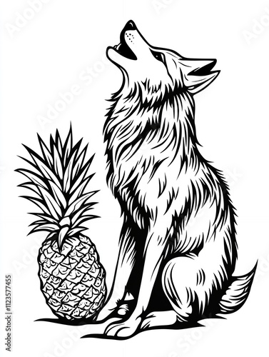 Wolf Howling While Sitting Beside a Pineapple in a Stylized Black and White Illustration photo