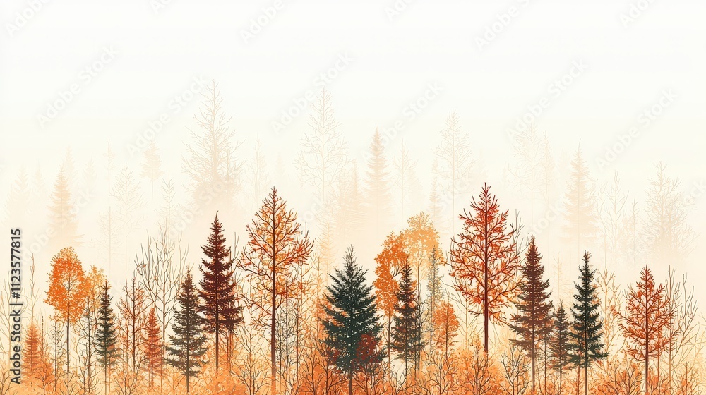 Obraz premium A serene autumn landscape featuring a variety of trees in fall colors, creating a tranquil and picturesque scene perfect for nature lovers.