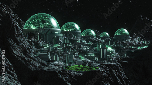 A high-tech cityscape on an asteroid, with glowing domes covering green zones, traversed by magnetic bridges. photo