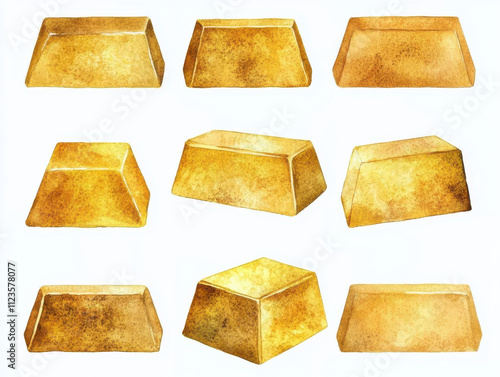 Elegant watercolor gold ingots with intricate details, showcasing various shapes and textures. Perfect for financial themes or luxury designs, isolated white background photo