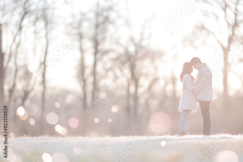 Blured Romantic couple embracing in soft sunlight outdoors, evoking love, warmth, and tender emotions, perfect for Valentine’s Day or romantic celebration themes. photo