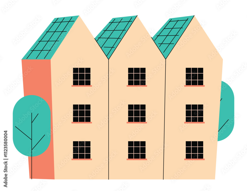 Scandinavian house and tree. Cute Scandi home with windows, cozy balconies. Nordic Swedish brick building.