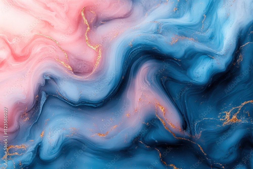 Fototapeta premium Dreamy abstract marble with swirling pink and blue hues accented by gold streaks