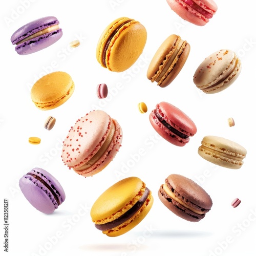 Wallpaper Mural photo of various colorful macarons floating in air, isolated on a white background. Torontodigital.ca