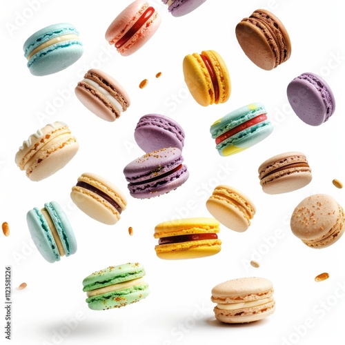 Wallpaper Mural photo of various colorful macarons floating in air, isolated on a white background. Torontodigital.ca