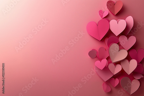 Pastel pink paper hearts on gradient background, minimalist romantic design, ideal for Valentine’s Day decorations, love-themed celebrations, and creative art concepts. photo