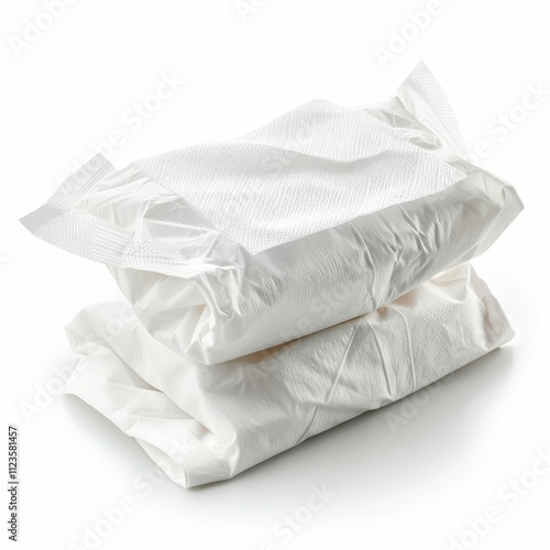 Wet wipes flow pack, isolated on white, showcasing convenience hygiene. photo