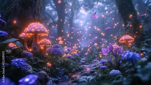 Enchanted forest path with glowing mushrooms and magical atmosphere at dusk