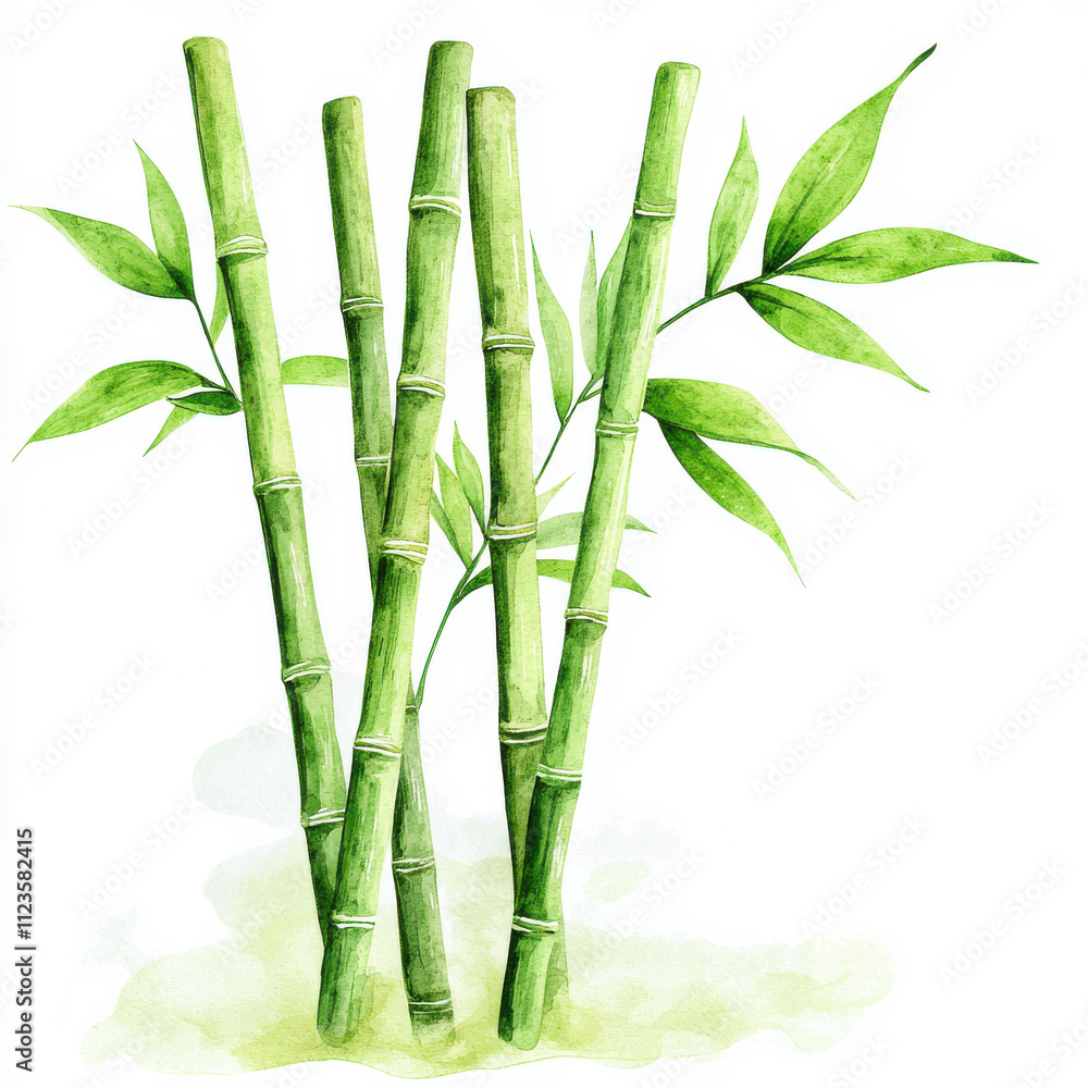 Fototapeta premium Bamboo plants in soft watercolor hues create elegant atmosphere, isolated design on white background 