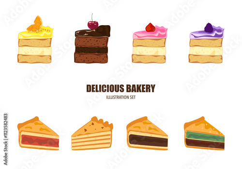 Vector illustration set of different flavors of cute style cake slices. Flat design, isolated on white. Vector illustration of bakery, birthday cake, party, celebration, festival, happy for greeting.