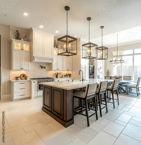 A large kitchen with an island, a large tile floor, and cream cabinets, with plenty of natural light and detailed, 