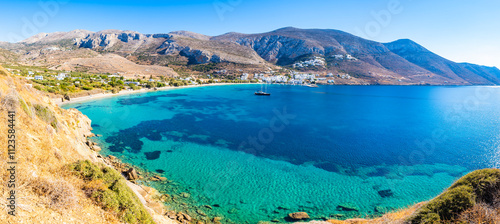 Fototapeta Naklejka Na Ścianę i Meble -  Panorama of beautiful Egiali beach and bay with mountains, Amorgos island, Cyclades, Greece