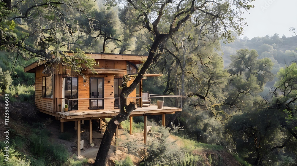 Tiny wooden house built into a treecovered hillside Tiny wooden house built into a treecovered hillside