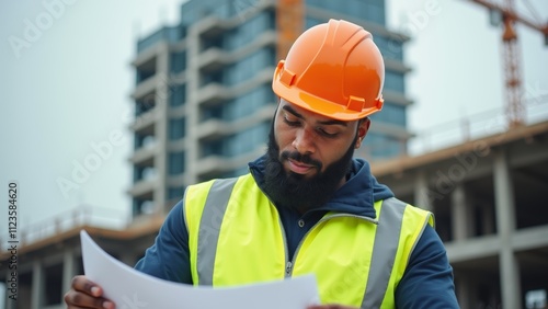 A Construction Worker Reviewing Blueprints at a Building Site Under Cloudy Skies in an Urban Environment photo