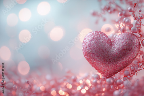 Single glittering pink heart with bokeh background, representing love and romance, ideal for Valentine’s Day celebrations and love-inspired minimalist-themed designs. photo