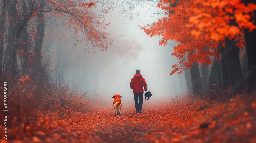 custom made wallpaper toronto digitalMan and dog walking on foggy autumn path.