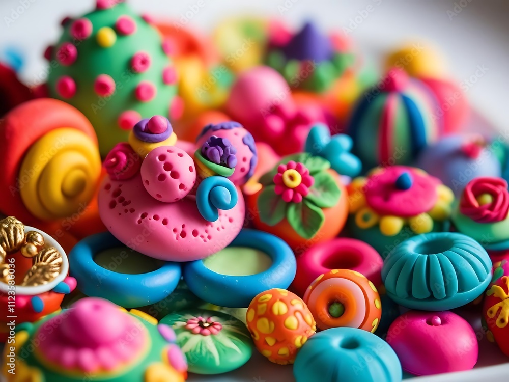 Fototapeta premium Colorful Polymer Clay Beads and Decorated Shapes for DIY Craft Projects 