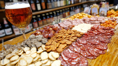 Tabla de embutidos con cerveza en una barra de bar photo