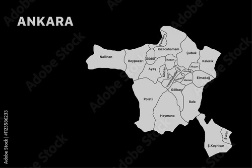 Ankara district map, isolated city map in turkey.