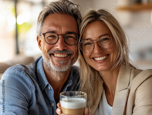 Pareja de hombre y mujer maduros, seniors de 40 años , sentados en un sofa sonriendo, con un cafe en sus manos y  gafas graduadas, sobre fondo desenfocado de un espacio interior de casa o cafeteria