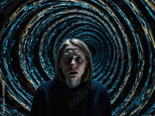 Close-up of a person with a terrified expression, surrounded by a vortex of dark abstract shapes and glowing symbols, representing the chaos of a panic attack photo