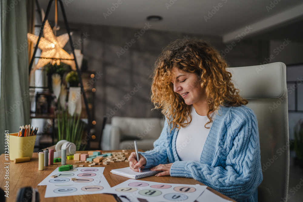 Fototapeta premium Adult woman speech therapist prepare notes for work day at home