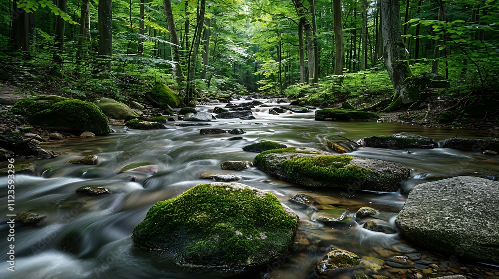 Obraz premium Quiet stream flowing through a dense forest surrounded by mosscovered rocks