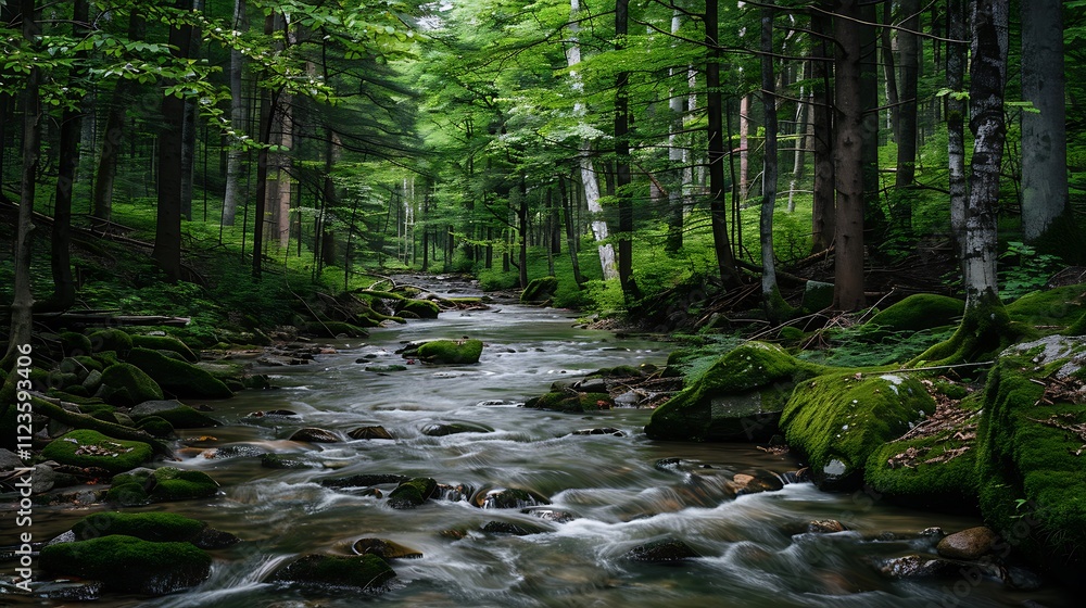 Obraz premium Quiet stream flowing through a dense forest surrounded by mosscovered rocks