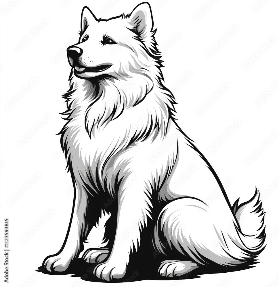 Fototapeta premium Sitting white fluffy dog, monochrome illustration.