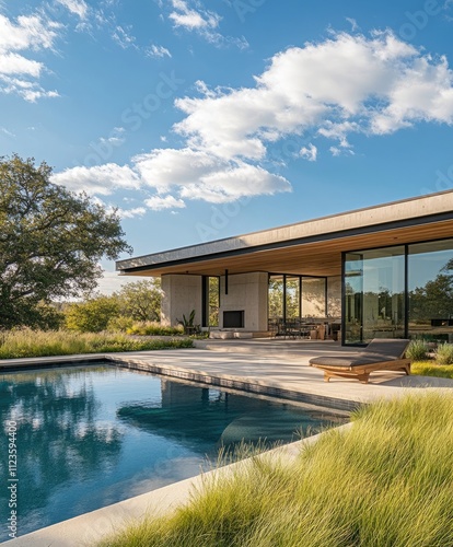 Wallpaper Mural A modern house with a pool and garden, grass on the ground, a sunny day, a blue sky, Torontodigital.ca
