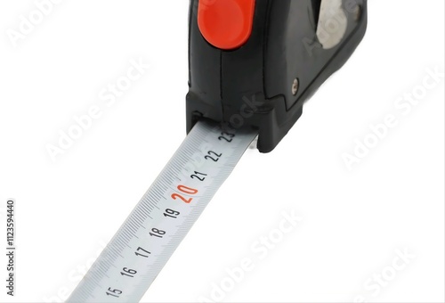 Black tape measure on white background, roll construction photo