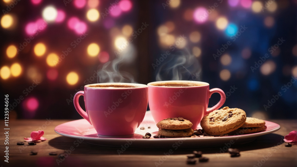 Fototapeta premium Warm moments shared over coffee and cookies in a cozy atmosphere filled with soft lights and emotions