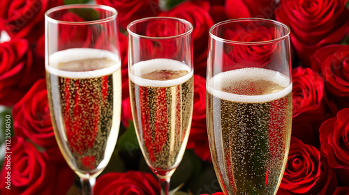 Champagne glasses with bubbly drink and fresh red roses, creating a romantic Valentine’s Day celebration setting with elegance and luxurious festive vibes. photo