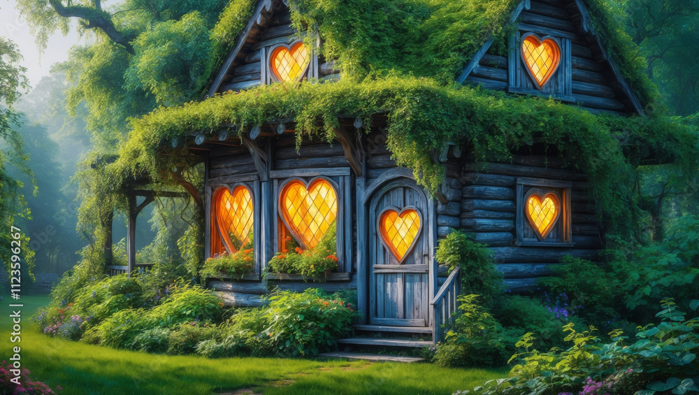 Fototapeta premium Romantic getaway in a charming wooden cabin adorned with glowing heart-shaped windows surrounded by lush greenery