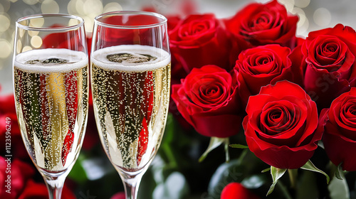 Champagne glasses with bubbly drink and fresh red roses, creating a romantic Valentine’s Day celebration setting with elegance and luxurious festive vibes. photo