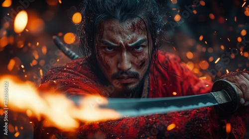 Fierce samurai warrior in battle, flames and sparks surround him.