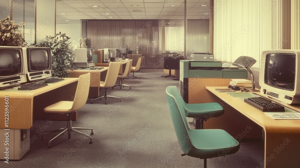 Fototapeta premium Retro office interior with vintage computers, desks, and chairs.