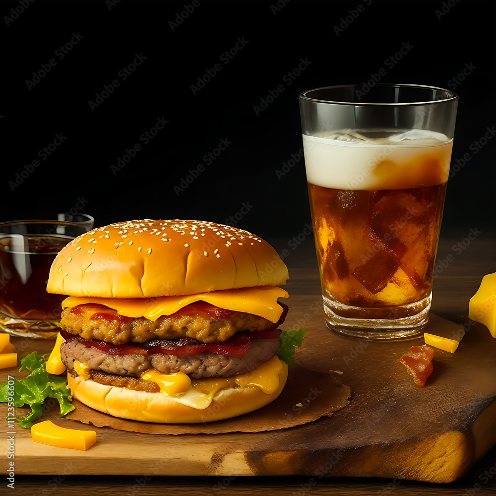 A delicious burger close up views with a glass of cold drinks A delicious burger close up views with a glass of cold drinks