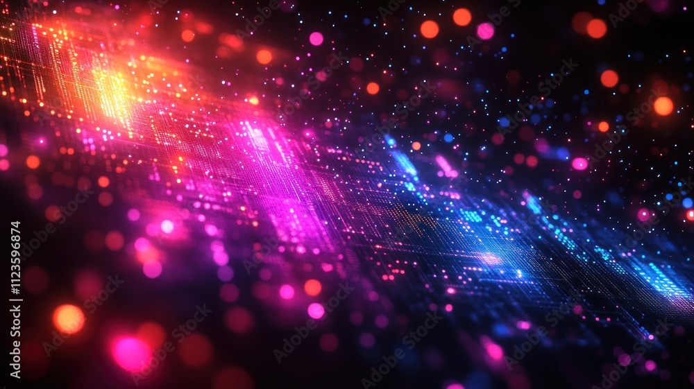 Naklejka premium Abstract digital landscape with vibrant lights and patterns.