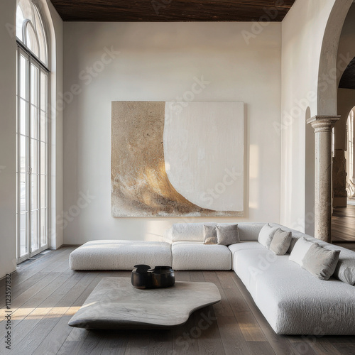Gran salón decorado con mesa central gran sofá de piel blanco, cuadro abstracto sobre pared, gran ventanal y espacio abierto con columnas y arco de medio punto