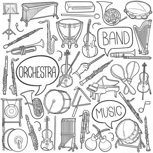 Orchestra Doodle Icons Black and White Line Art. Music Instruments Clipart Hand Drawn Symbol Design.