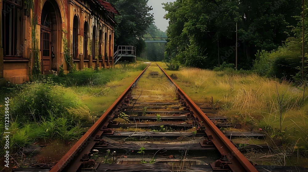 Fototapeta premium Old train station with rusted tracks surrounded by overgrown grass