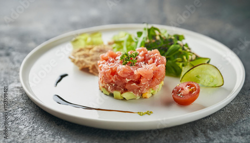 Delicious tuna tatar or tar-tar on white plate. Red fish fillet. Delicious food. Culinary concept.